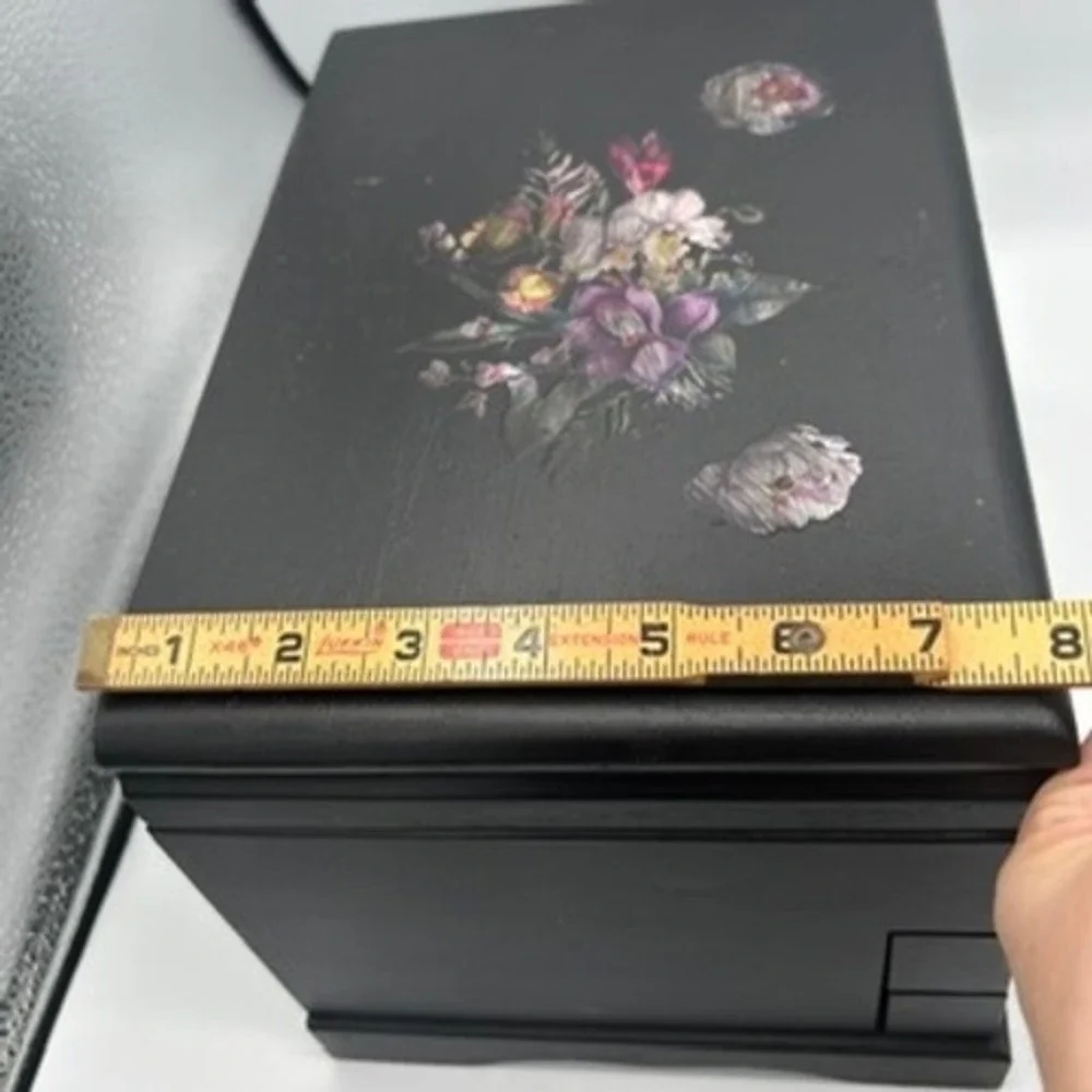 Vintage Wood Jewelry Box Organizer Black Floral Decal Storage Chest Cottagecore